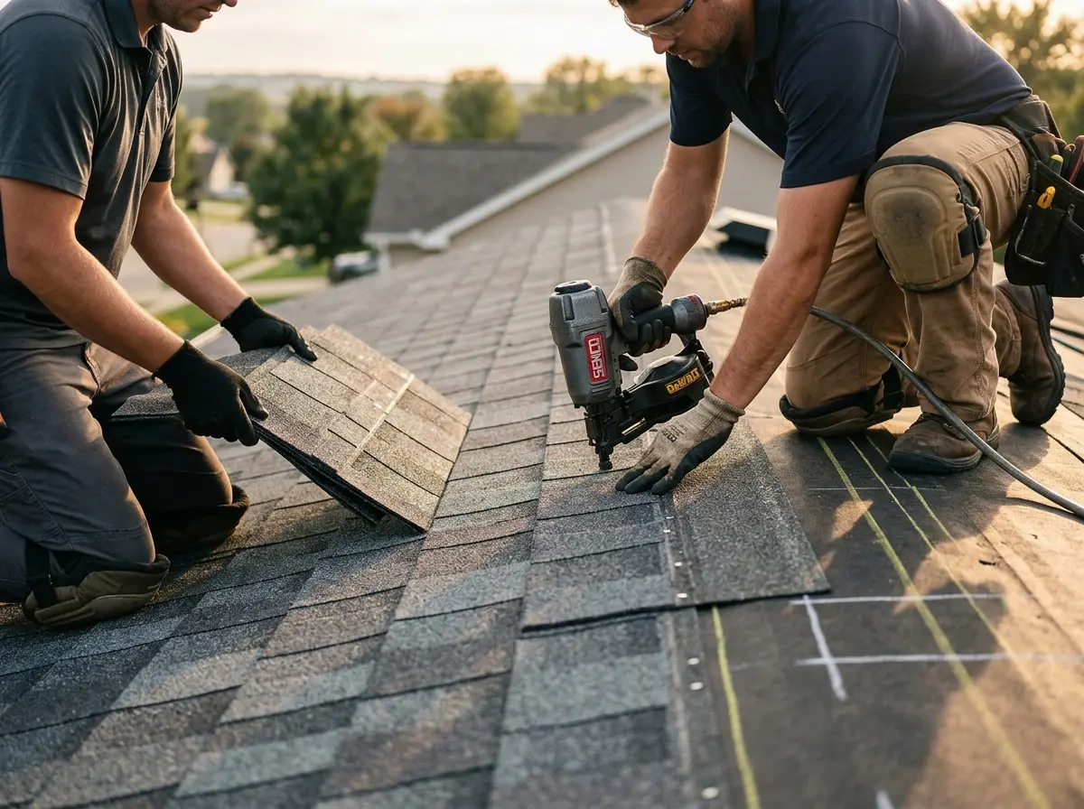 Professional roofer working on a residential roof in Suitland